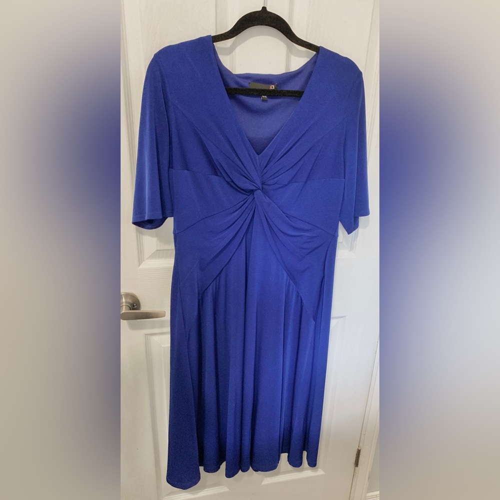 Blue Ruched Midi Dress with V-Neck